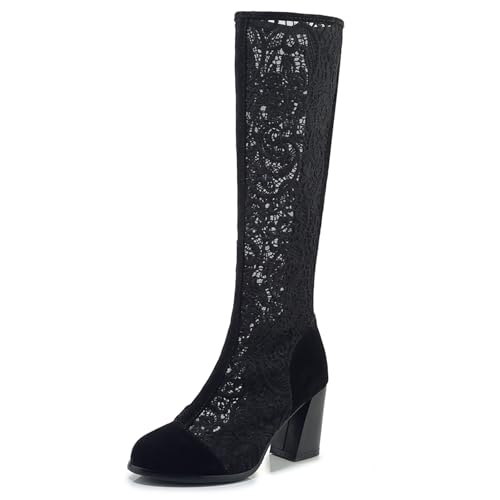 Gicoiz Damen Elegant Sommer Runde Zehen Knee High Mesh Stiefel Abend Formal Blockabsatz Zip Mode Hochzeit Booty Spitze Schwarz/S Gr 35 EU von Gicoiz