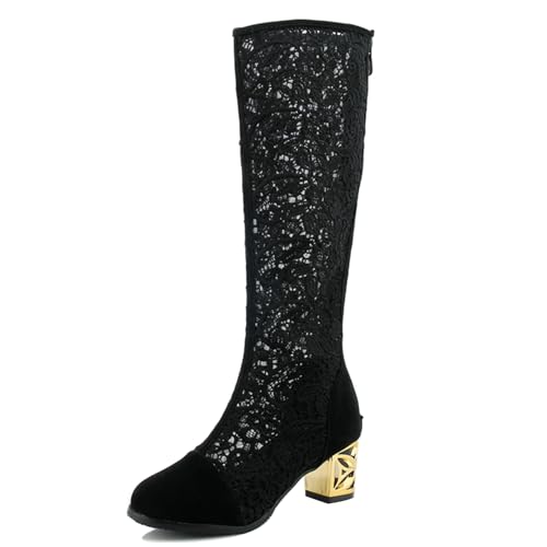 Gicoiz Damen Elegant Sommer Runde Zehen Knee High Mesh Stiefel Abend Formal Blockabsatz Zip Mode Hochzeit Booty Spitze Snowflake-Net Gr 41 EU-43Cn von Gicoiz
