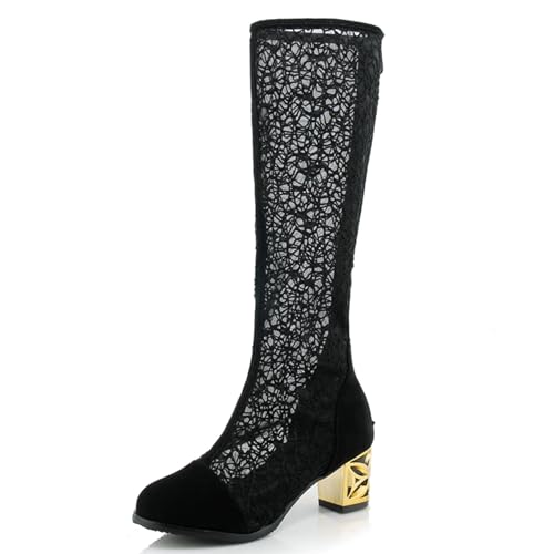 Gicoiz Damen Elegant Sommer Runde Zehen Knee High Mesh Stiefel Abend Formal Blockabsatz Zip Mode Hochzeit Booty Spitze Spider-Web Gr 41 EU-43Cn von Gicoiz