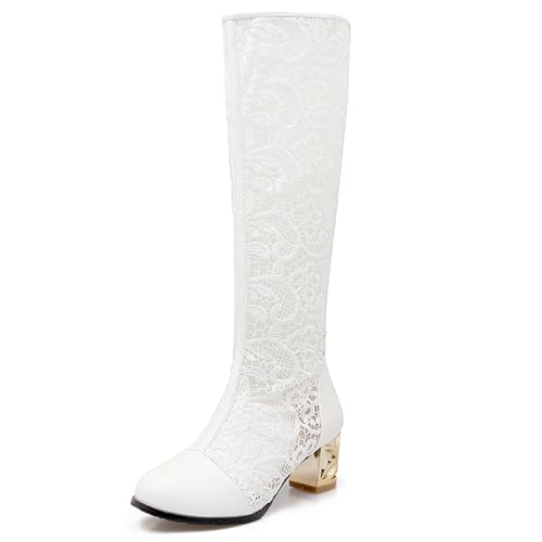 Gicoiz Damen Elegant Sommer Runde Zehen Knee High Mesh Stiefel Abend Formal Blockabsatz Zip Mode Hochzeit Booty Spitze Weiß Gr 40.5 EU-42Cn von Gicoiz