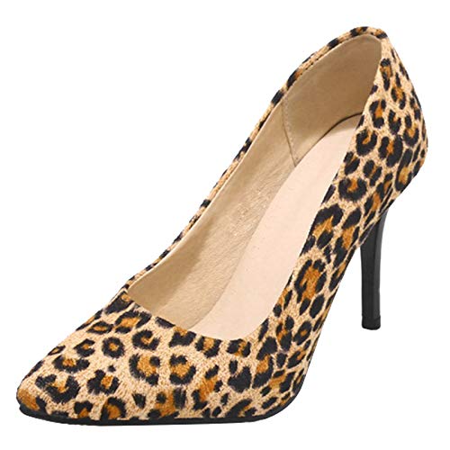 Gicoiz Damen Formal Stiletto Pump Ohne Verschluss Pump Pointed Toe Hochzeit Shiny Buro Arbeit Kleid Pump Mode Leopard Höhe Ferse Gelb Gr 34 EU von Gicoiz