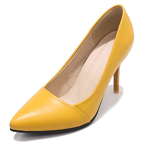 Gicoiz Damen Formal Stiletto Pump Ohne Verschluss Pump Pointed Toe Hochzeit Shiny Buro Arbeit Kleid Pump Mode Leopard Höhe Ferse Gelb Gr 43 EU-45Cn von Gicoiz