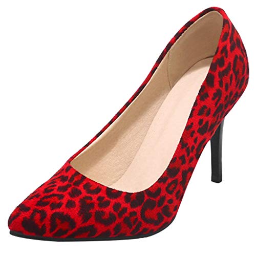 Gicoiz Damen Formal Stiletto Pump Ohne Verschluss Pump Pointed Toe Hochzeit Shiny Buro Arbeit Kleid Pump Mode Leopard Höhe Ferse Rot Gr 42 EU-44Cn von Gicoiz