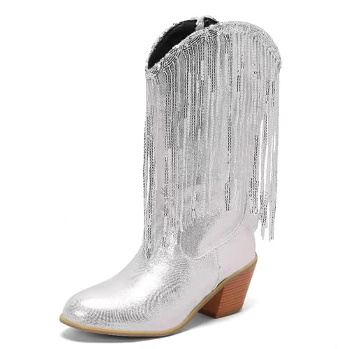 Gicoiz Damen Franse Blockabsatz Stiefel Party Shiny Cowboystiefel Hochzeit Elegant Halbschaft Winter Western Pailletten Glitzer Riding Stiefeletten Zip Silber Gr 33 EU von Gicoiz