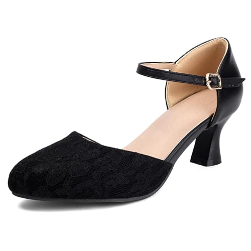 Gicoiz Damen Geschlossen Abend Formal Kitten Sandalen Sandals Spitze Elegant Knöchelriemchen Comfy Niedrige Absatz Pointed Toe Brautschuhe Schwarz Gr 44 EU-46Cn von Gicoiz