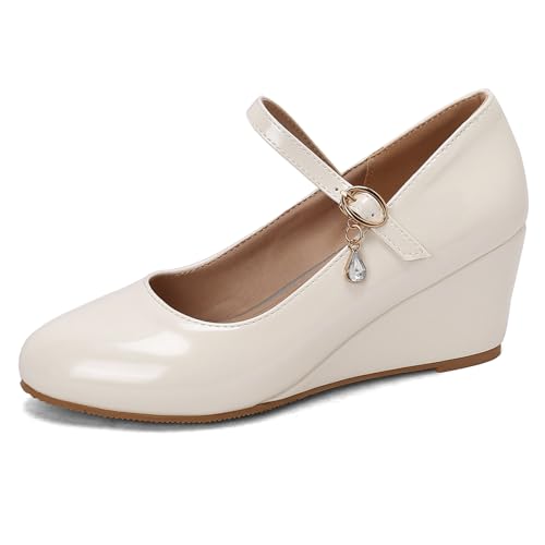 Gicoiz Damen Hohen Keilabsatz Elegant Runde Zehen Pumps Comfy Ohne Verschluss Hochzeit Formal Knöchelriemchen Mary Jane Geschlossen Party Schuhe Weiß Gr 38 EU-39Cn von Gicoiz