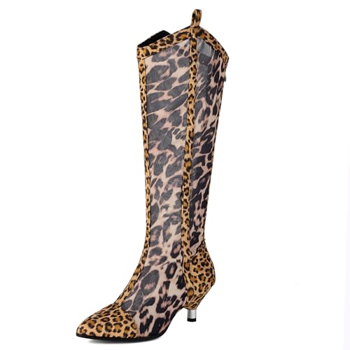 Gicoiz Damen Kitten Stiefel Pointed Toe Sommer Stiefel Mesh Halbschaft Biker Stiefeletten Abend Knee High Zip Elegant Overknees Booty Leopard Gr 40.5 EU-42Cn von Gicoiz