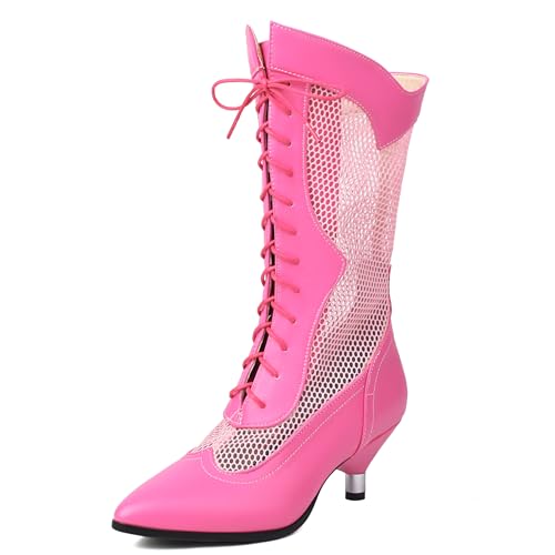 Gicoiz Damen Kitten Stiefel Pointed Toe Sommer Stiefel Mesh Halbschaft Biker Stiefeletten Abend Knee High Zip Elegant Overknees Booty Rose-Rot Gr 39 EU-40Cn von Gicoiz