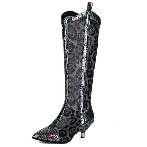 Gicoiz Damen Kitten Stiefel Pointed Toe Sommer Stiefel Mesh Halbschaft Biker Stiefeletten Abend Knee High Zip Elegant Overknees Booty Schwarz Gr 38 EU-39Cn von Gicoiz