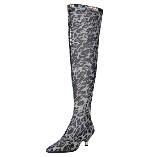 Gicoiz Damen Kitten Stiefel Pointed Toe Sommer Stiefel Mesh Halbschaft Biker Stiefeletten Abend Knee High Zip Elegant Overknees Booty Schwarz Gr 41 EU-43Cn von Gicoiz