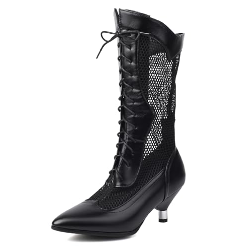 Gicoiz Damen Kitten Stiefel Pointed Toe Sommer Stiefel Mesh Halbschaft Biker Stiefeletten Abend Knee High Zip Elegant Overknees Booty Schwarz Gr 43 EU-45Cn von Gicoiz