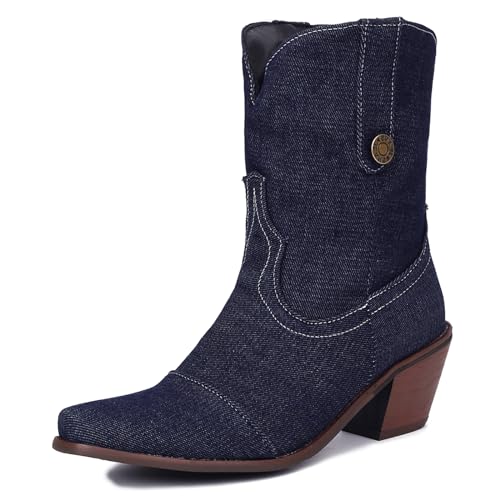 Gicoiz Damen Klassische Halbschaft Pointed Toe Cowboystiefel Blockabsatz Stiefel Winter Draußen Ohne Verschluss Western Denim Stiefeletten Mode Schuhe Dark-Blau Gr 40 EU-41Cn von Gicoiz