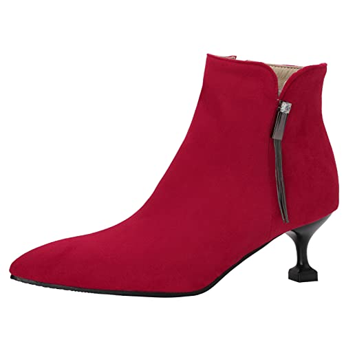 Gicoiz Damen Kleid Kitten Heels Stiefeletten Pointed Toe Buro Komfort Chelsea Pointed Toe Hochzeit Abend Mode Schuhe Warm Rot Gr 41 EU-43Cn von Gicoiz