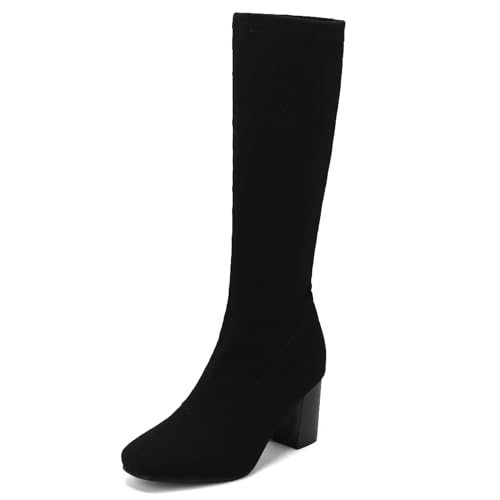 Gicoiz Damen Knee High Mode Ohne Verschluss Strickented Stretch Stiefel Winter Elegant Blockabsatz Stiefel Runde Zehen Elastisch Party Riding Stiefeletten Schwarz Gr 37 EU-38Cn von Gicoiz