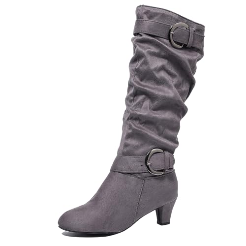 Gicoiz Damen Komfort Kitten Stiefel Slouch Reitstiefel Vintage Equestrian Winter Low Mitte Absatz Schnalle Stiefeletten Tall Grau Gr 40.5 EU-42Cn von Gicoiz