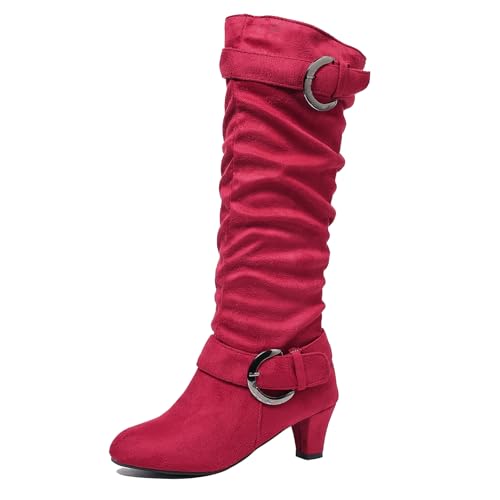 Gicoiz Damen Komfort Kitten Stiefel Slouch Reitstiefel Vintage Equestrian Winter Low Mitte Absatz Schnalle Stiefeletten Tall Rot Gr 36.5 EU-37Cn von Gicoiz