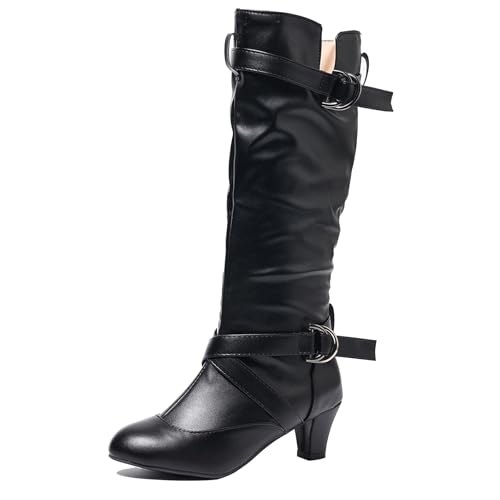 Gicoiz Damen Komfort Kitten Stiefel Slouch Reitstiefel Vintage Equestrian Winter Low Mitte Absatz Schnalle Stiefeletten Tall Schwarz Gr 36.5 EU-37Cn von Gicoiz