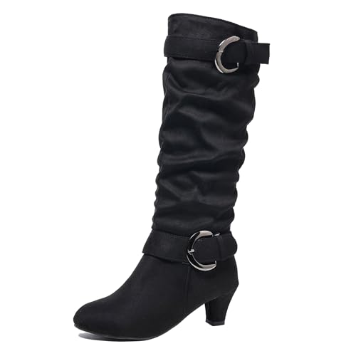 Gicoiz Damen Komfort Kitten Stiefel Slouch Reitstiefel Vintage Equestrian Winter Low Mitte Absatz Schnalle Stiefeletten Tall Schwarz Gr 41 EU-43Cn von Gicoiz