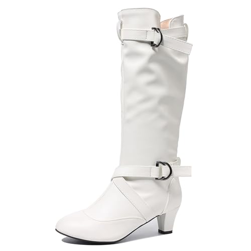 Gicoiz Damen Komfort Kitten Stiefel Slouch Reitstiefel Vintage Equestrian Winter Low Mitte Absatz Schnalle Stiefeletten Tall Weiß Gr 41 EU-43Cn von Gicoiz