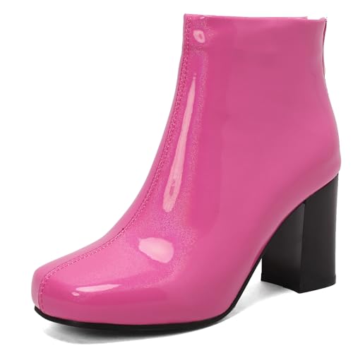 Gicoiz Damen Lack Chelsea Stiefel Hohen Blockabsatz Stiefel Runde Zehen Winter Mode Seitenreißverschluss Ankle Stiefeletten Warm Chunky Party Schuhe Rose-Rot Gr 47 EU-49Cn von Gicoiz