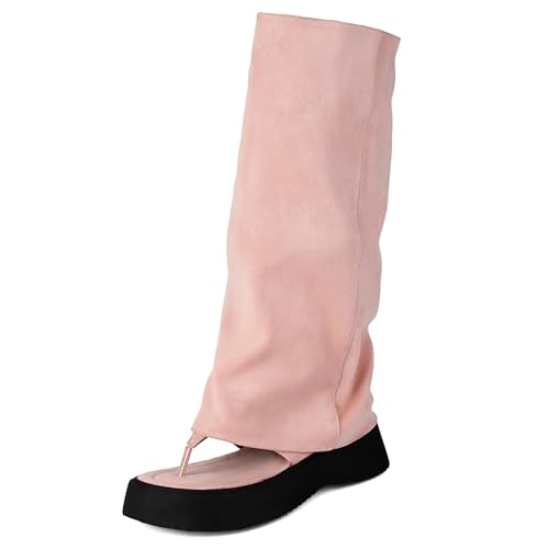 Gicoiz Damen Mode Knee High Plateau Sommer Stiefel Strand Komfort Mesh Riding Booty Schnalle Flip Flops Slippers Pink Gr 42 EU-44Cn von Gicoiz