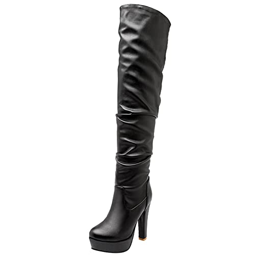 Gicoiz Damen Mode Overknees Lockere Stiefel Höhe Ferse Stiefel Winter Warm Runde Zehen Oberschenkel Plateau Riding Overknees Stiefel Ohne Verschluss Schwarz Gr 37 EU-38Cn von Gicoiz