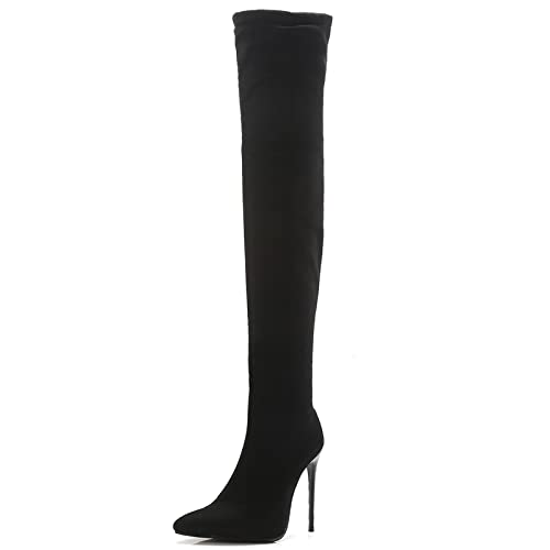 Gicoiz Damen Mode Overknees Pointed Toe Overknees Stiefel Winter Warm Stilettos Party Warm Stretch Riding Stiefeletten Bridal Schwarz-Wildleder Gr 39 EU-40Cn von Gicoiz