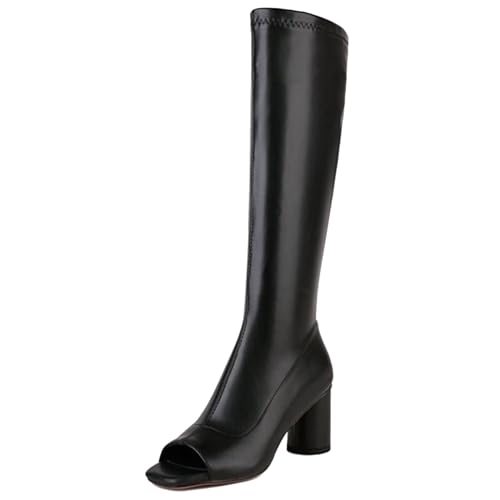 Gicoiz Damen Mode Peep Toe Knee High Stretch Stiefel Sommer Party Elegant Blockabsatz Zip Dancing Stiefeletten Schwarz-Pu/7Cm Gr 42 EU-44Cn von Gicoiz