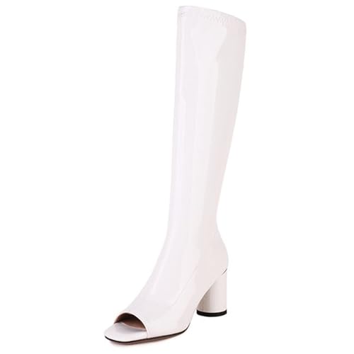 Gicoiz Damen Mode Peep Toe Knee High Stretch Stiefel Sommer Party Elegant Blockabsatz Zip Dancing Stiefeletten Weiß/7Cm Gr 36.5 EU-37Cn von Gicoiz