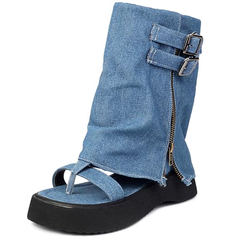 Gicoiz Damen Mode Plateau Sommer Halbschaft Keilabsatz Stiefel Open Tpe Damen Schuluniform Komfort Ohne Verschluss Riding Stiefeletten Blau Gr 38 EU-39Cn von Gicoiz