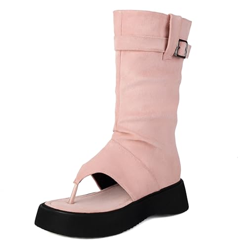 Gicoiz Damen Mode Plateau Sommer Halbschaft Keilabsatz Stiefel Open Tpe Damen Schuluniform Komfort Ohne Verschluss Riding Stiefeletten Pink Gr 40.5 EU-42Cn von Gicoiz