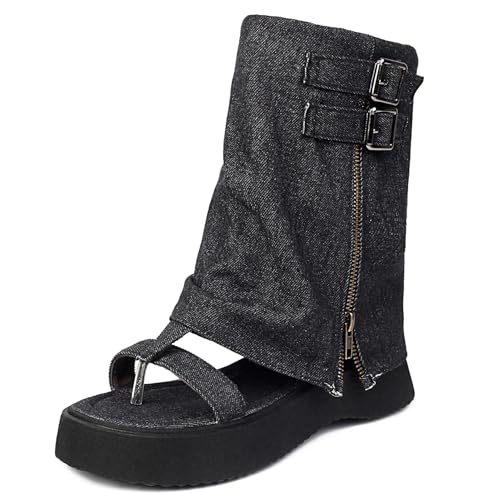 Gicoiz Damen Mode Plateau Sommer Halbschaft Keilabsatz Stiefel Open Tpe Damen Schuluniform Komfort Ohne Verschluss Riding Stiefeletten Schwarz Gr 36.5 EU-37Cn von Gicoiz