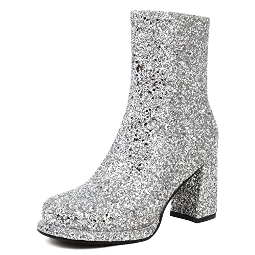 Gicoiz Damen Mode Runde Zehen Pailletten Hochzeit Stiefeletten Komfort Winter Pelzgefüttert Warm Bride Abendschuhe Blockabsatz Chelsea Silber Gr 44 EU-46Cn von Gicoiz