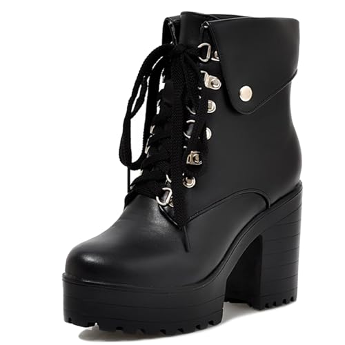 Gicoiz Damen Mode Schnüren Combat Military Stiefeletten Runde Zehen Leisure Pelzgefüttert Warm Chunky Heels Plateau Biker Stiefeletten Schnalle Schwarz/Ml Gr 35 EU von Gicoiz