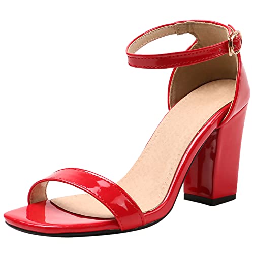 Gicoiz Damen Offene Zeh Blockabsatz Lack Sandalen Knöchelriemchen Hochzeit Mode Schuhe Höhe Ferse Basic Sommer Sandale Chunky Rot/8.5Cm Gr 37 EU-38Cn von Gicoiz
