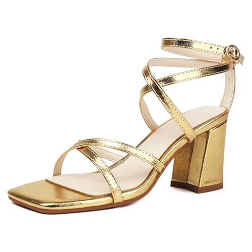 Gicoiz Damen Offene Zeh Mode Snakeskin Sandals Blockabsatz Sommer Komfort Knöchelriemchen Party Chunky Schnalle Gold Gr 43 EU-45Cn von Gicoiz