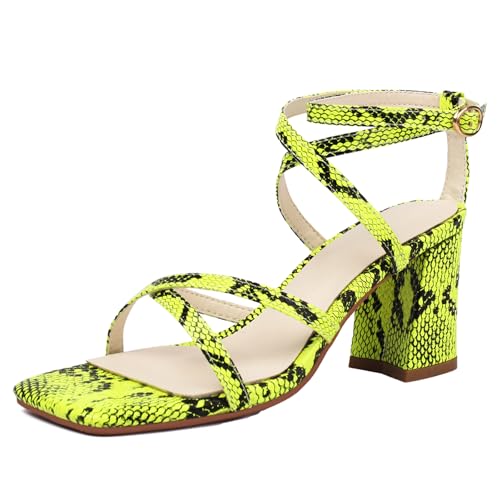 Gicoiz Damen Offene Zeh Mode Snakeskin Sandals Blockabsatz Sommer Komfort Knöchelriemchen Party Chunky Schnalle Grün Gr 43 EU-45Cn von Gicoiz