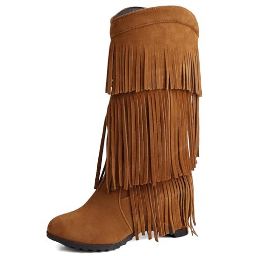Gicoiz Damen Ohne Verschluss Runde Zehen Retro Franse Hohe Stiefel Winter Warm Interne Erhohen Keilabsatz Draußen Cowboy Moccasin Stiefeletten Gelb Gr 36.5 EU-37Cn von Gicoiz