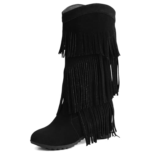 Gicoiz Damen Ohne Verschluss Runde Zehen Retro Franse Hohe Stiefel Winter Warm Interne Erhohen Keilabsatz Draußen Cowboy Moccasin Stiefeletten Schwarz Gr 37 EU-38Cn von Gicoiz