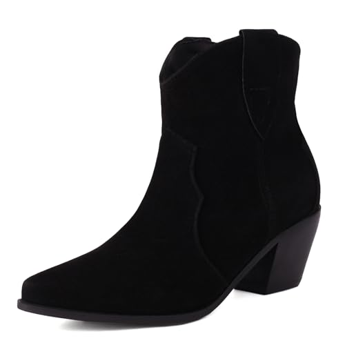 Gicoiz Damen Ohne Verschluss Vintage Cowboy Stiefeletten Chunky Heel Winter Pointed Toe Draußen Chelsea Western Mode Stiefeletten Leisure Schwarz Gr 44 EU-46Cn von Gicoiz