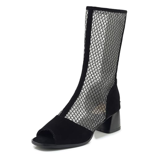 Gicoiz Damen Peep Toe Blockabsatz Sommer Mesh Stiefel Ösen Abend Elegant Knee High Zip Riding Booty Zip Bridal Schwarz/Half Gr 41 EU-43Cn von Gicoiz