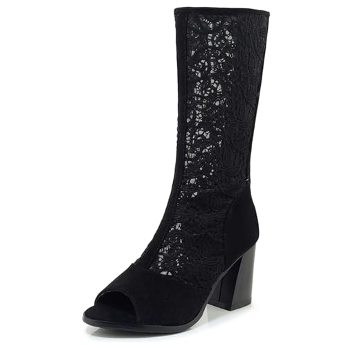 Gicoiz Damen Peep Toe Blockabsatz Sommer Mesh Stiefel Ösen Abend Elegant Knee High Zip Riding Booty Zip Bridal Snowflake-Net Gr 36.5 EU-37Cn von Gicoiz