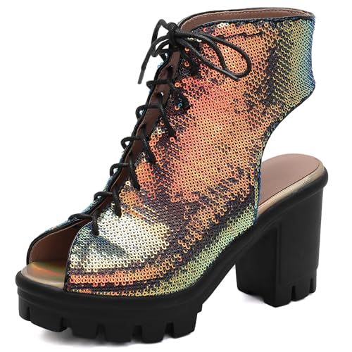 Gicoiz Damen Peep Toe Mode Pailletten Schnüren Sommer Stiefel Chunky Plateau Elegant Hochzeit Party Blockabsatz Biker Stiefeletten Ankle Mehrfarbig Gr 40 EU-41Cn von Gicoiz