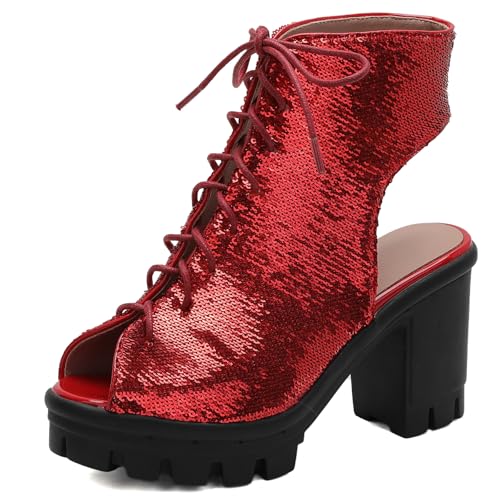 Gicoiz Damen Peep Toe Mode Pailletten Schnüren Sommer Stiefel Chunky Plateau Elegant Hochzeit Party Blockabsatz Biker Stiefeletten Ankle Rot Gr 38 EU-39Cn von Gicoiz