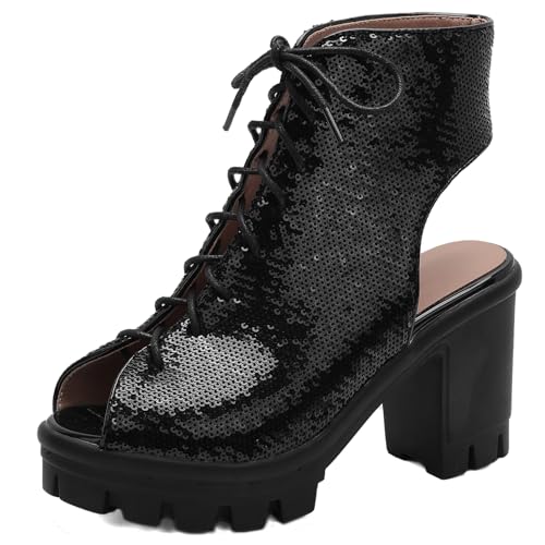Gicoiz Damen Peep Toe Mode Pailletten Schnüren Sommer Stiefel Chunky Plateau Elegant Hochzeit Party Blockabsatz Biker Stiefeletten Ankle Schwarz Gr 39 EU-40Cn von Gicoiz