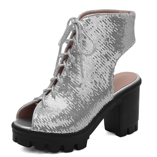 Gicoiz Damen Peep Toe Mode Pailletten Schnüren Sommer Stiefel Chunky Plateau Elegant Hochzeit Party Blockabsatz Biker Stiefeletten Ankle Silber Gr 40.5 EU-42Cn von Gicoiz