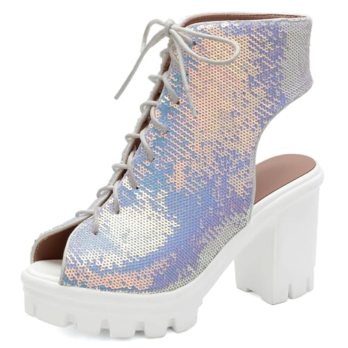 Gicoiz Damen Peep Toe Mode Pailletten Schnüren Sommer Stiefel Chunky Plateau Elegant Hochzeit Party Blockabsatz Biker Stiefeletten Ankle Weiß Gr 33 EU von Gicoiz