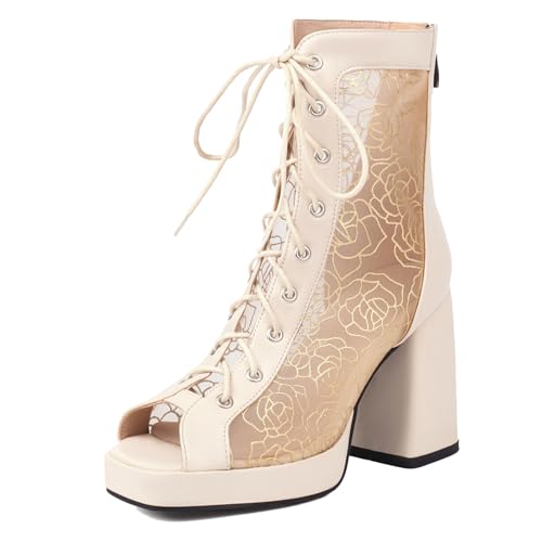 Gicoiz Damen Peep Toe Sommer Mode Schnüren Plateau Stiefel Strappy Combat Ankle Stiefeletten Zip Mesh Chunky Höhe Ferse Party Beige Gr 34 EU von Gicoiz