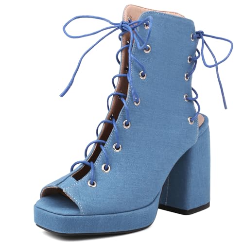 Gicoiz Damen Peep Toe Sommer Mode Schnüren Plateau Stiefel Strappy Combat Ankle Stiefeletten Zip Mesh Chunky Höhe Ferse Party Blau Gr 33 EU von Gicoiz