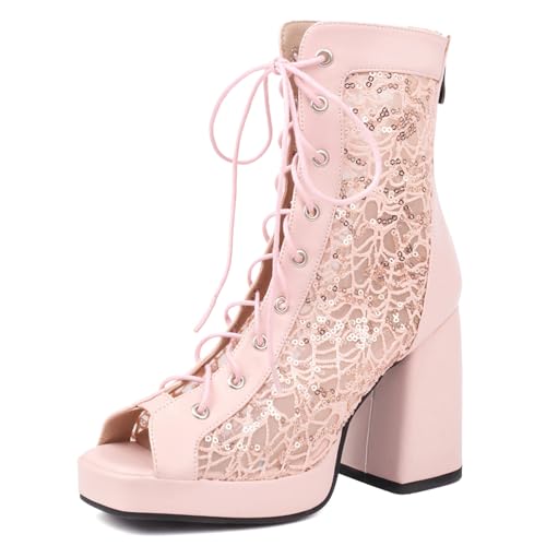 Gicoiz Damen Peep Toe Sommer Mode Schnüren Plateau Stiefel Strappy Combat Ankle Stiefeletten Zip Mesh Chunky Höhe Ferse Party Pink Gr 34 EU von Gicoiz